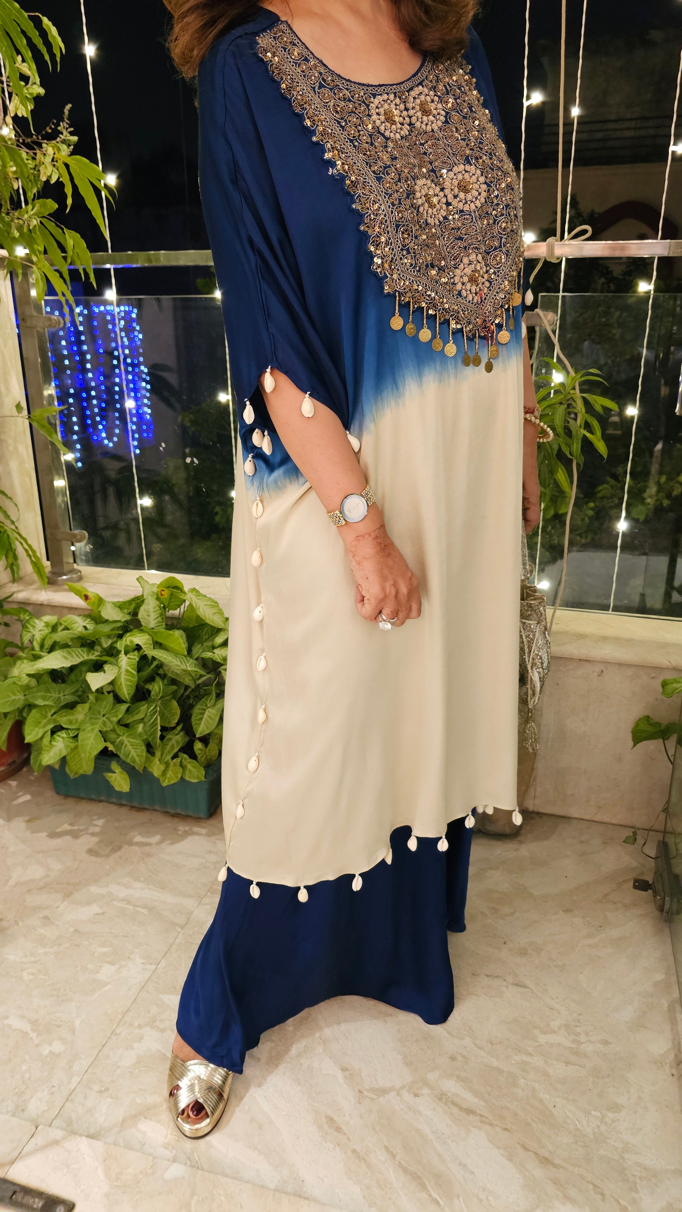 Blue Satin Shirt in Tie n Dye Yoke and Solid Color Bottom Embellished With Hand Embroidery Elaborate Neck