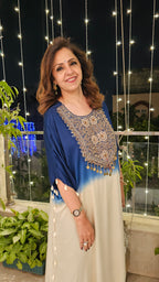 Blue Satin Shirt in Tie n Dye Yoke and Solid Color Bottom Embellished With Hand Embroidery Elaborate Neck