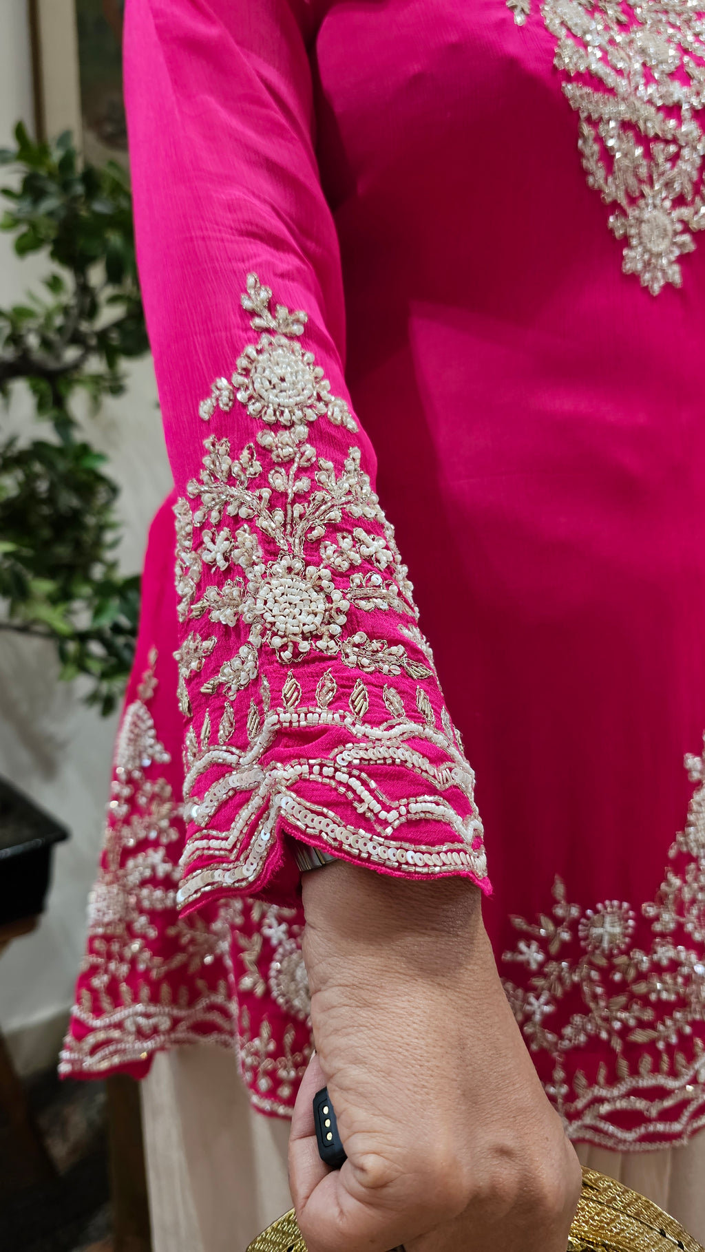 Adorable Crepe Chinon Formal Indo Western Dress With Cutdana and Moti Handwork