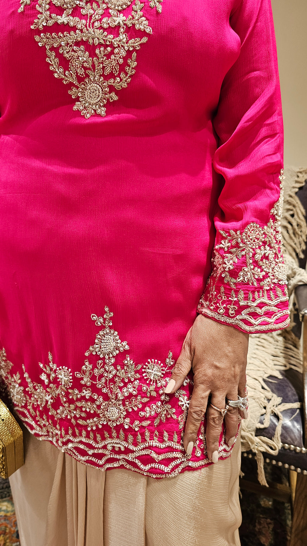 Adorable Crepe Chinon Formal Indo Western Dress With Cutdana and Moti Handwork