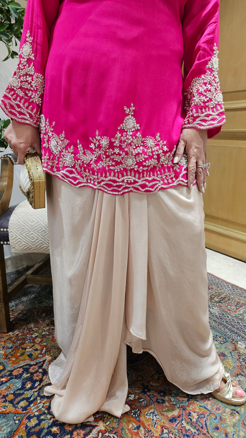 Adorable Crepe Chinon Formal Indo Western Dress With Cutdana and Moti Handwork