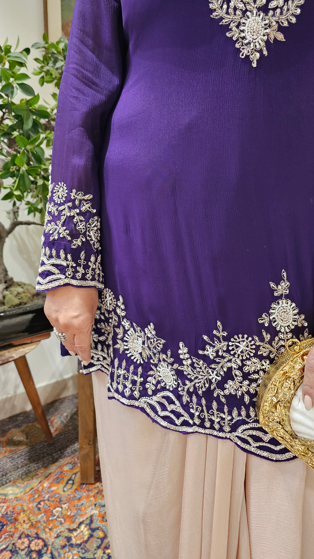 Adorable Crepe Chinon Formal Indo Western Dress With Cutdana and Moti Handwork