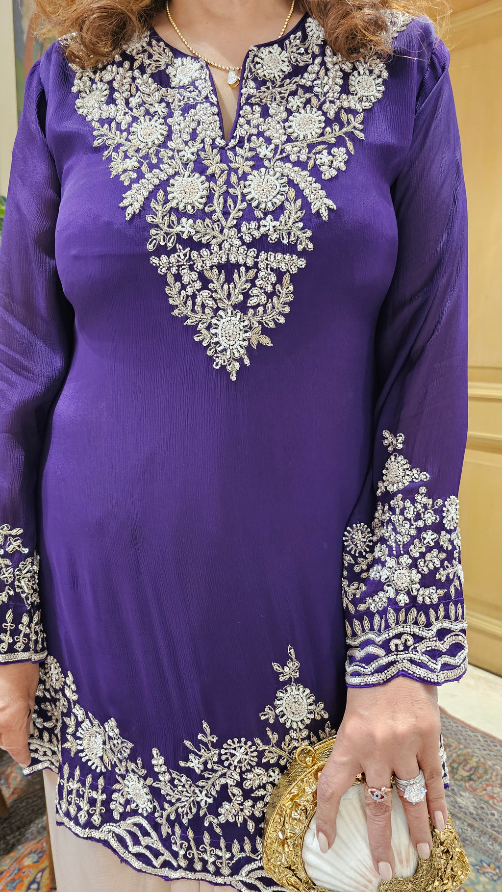 Adorable Crepe Chinon Formal Indo Western Dress With Cutdana and Moti Handwork