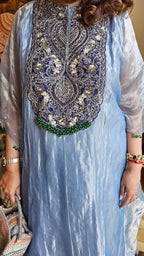 Beautiful Outfit in Silk Tissue With Sui ka Kaam, Dabka, Zardozi Cape With Heavy Hand Embroidered Neck and Plain Silk Pants