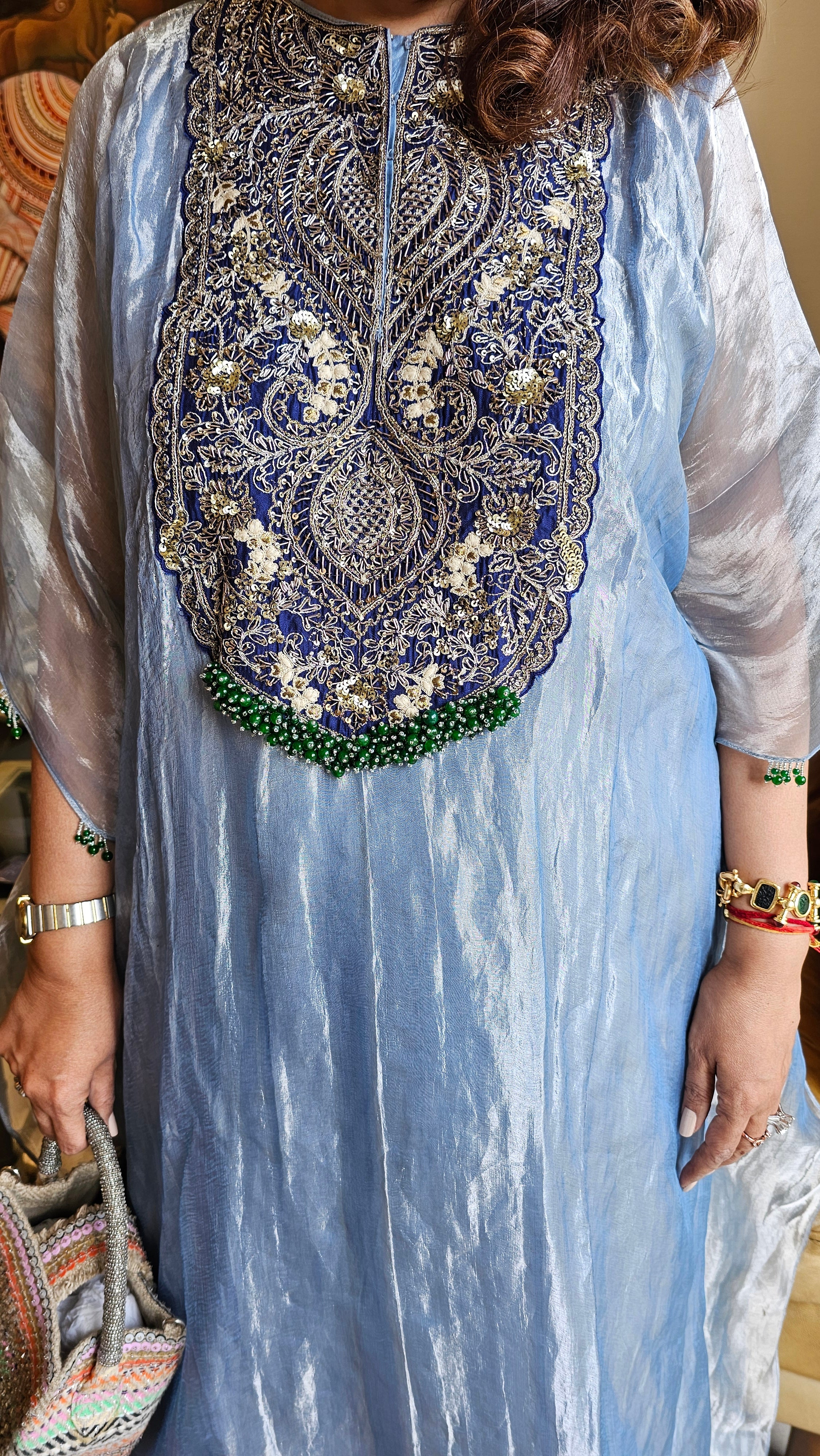 Beautiful Outfit in Silk Tissue With Sui ka Kaam, Dabka, Zardozi Cape With Heavy Hand Embroidered Neck and Plain Silk Pants