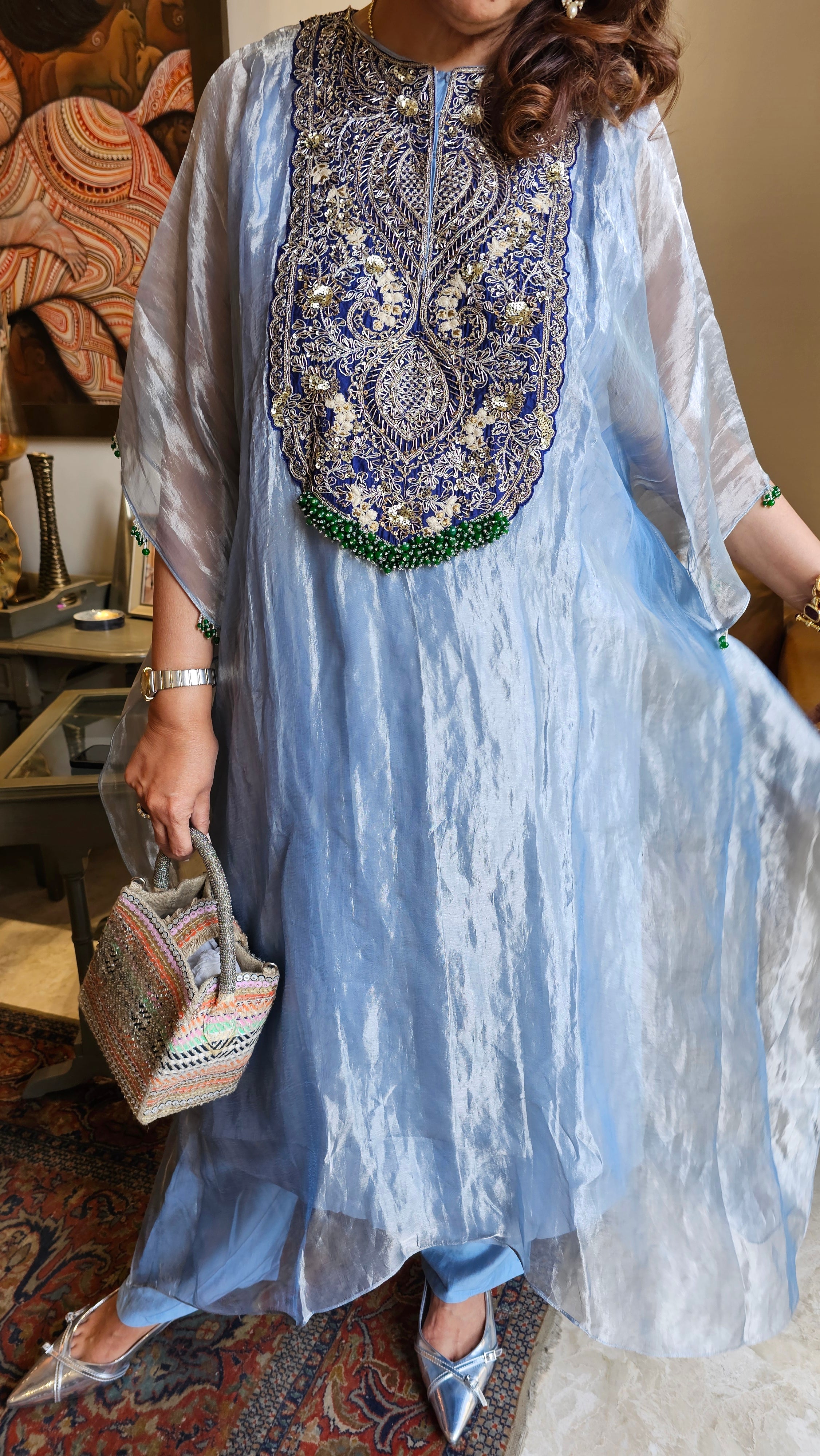 Beautiful Outfit in Silk Tissue With Sui ka Kaam, Dabka, Zardozi Cape With Heavy Hand Embroidered Neck and Plain Silk Pants