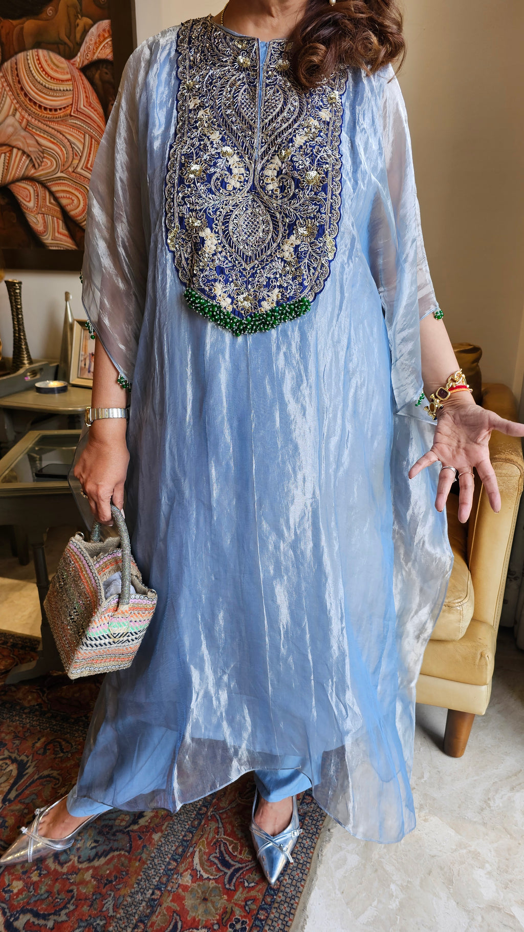 Beautiful Outfit in Silk Tissue With Sui ka Kaam, Dabka, Zardozi Cape With Heavy Hand Embroidered Neck and Plain Silk Pants