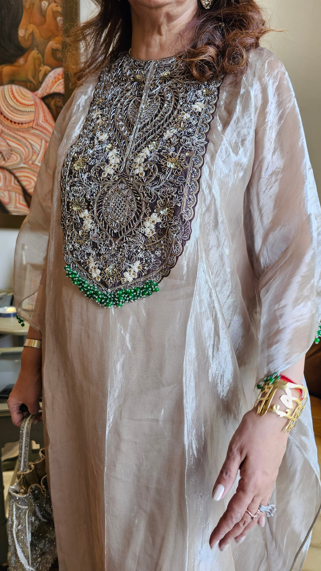 Beautiful Outfit in Silk Tissue With Sui ka Kaam, Dabka, Zardozi Cape With Heavy Hand Embroidered Neck and Plain Silk Pants