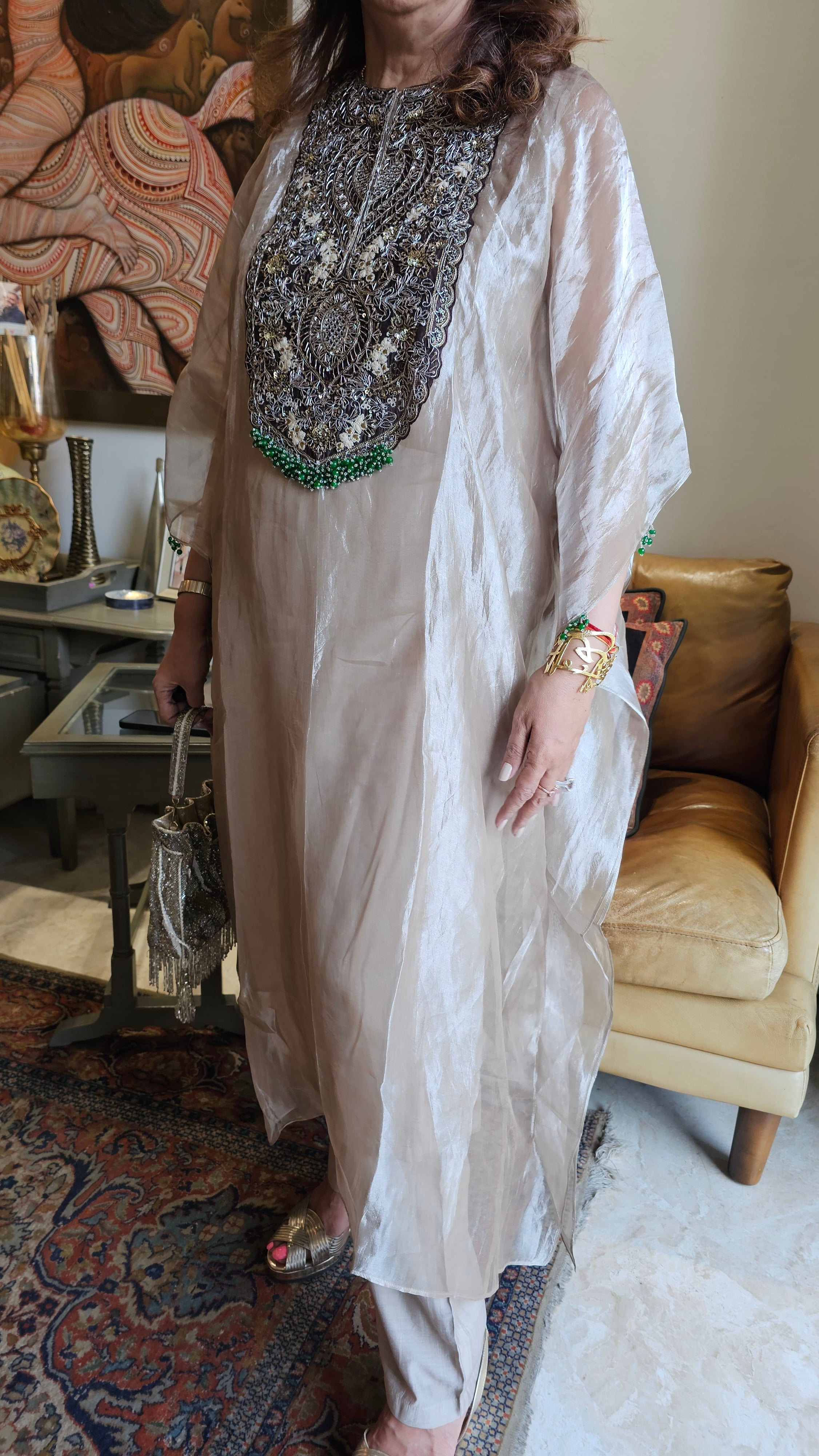 Beautiful Outfit in Silk Tissue With Sui ka Kaam, Dabka, Zardozi Cape With Heavy Hand Embroidered Neck and Plain Silk Pants