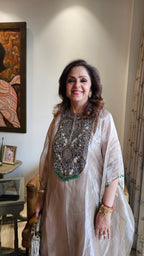 Beautiful Outfit in Silk Tissue With Sui ka Kaam, Dabka, Zardozi Cape With Heavy Hand Embroidered Neck and Plain Silk Pants