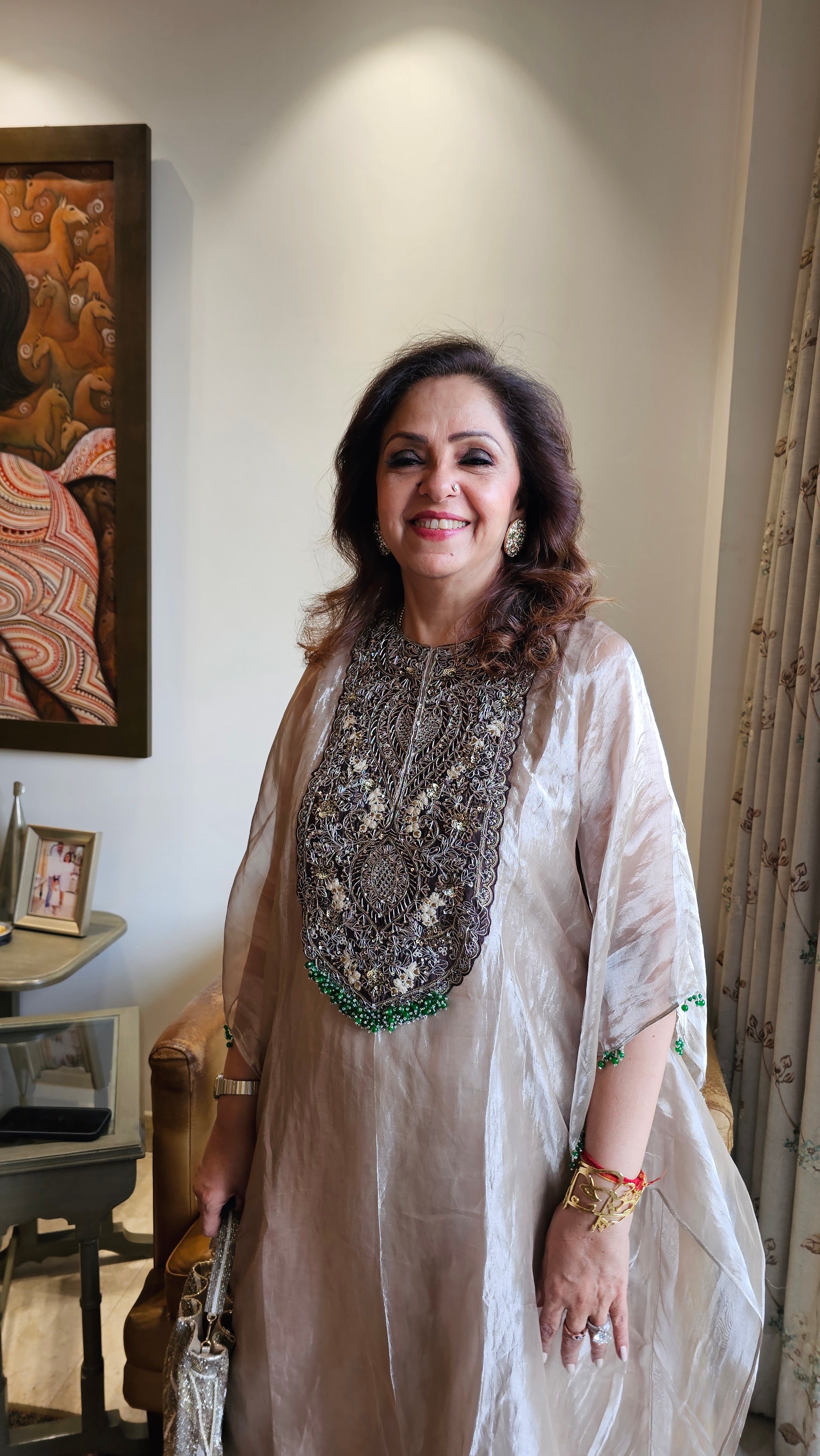 Beautiful Outfit in Silk Tissue With Sui ka Kaam, Dabka, Zardozi Cape With Heavy Hand Embroidered Neck and Plain Silk Pants