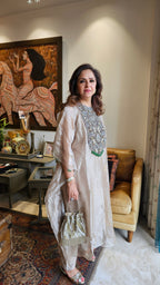 Beautiful Outfit in Silk Tissue With Sui ka Kaam, Dabka, Zardozi Cape With Heavy Hand Embroidered Neck and Plain Silk Pants