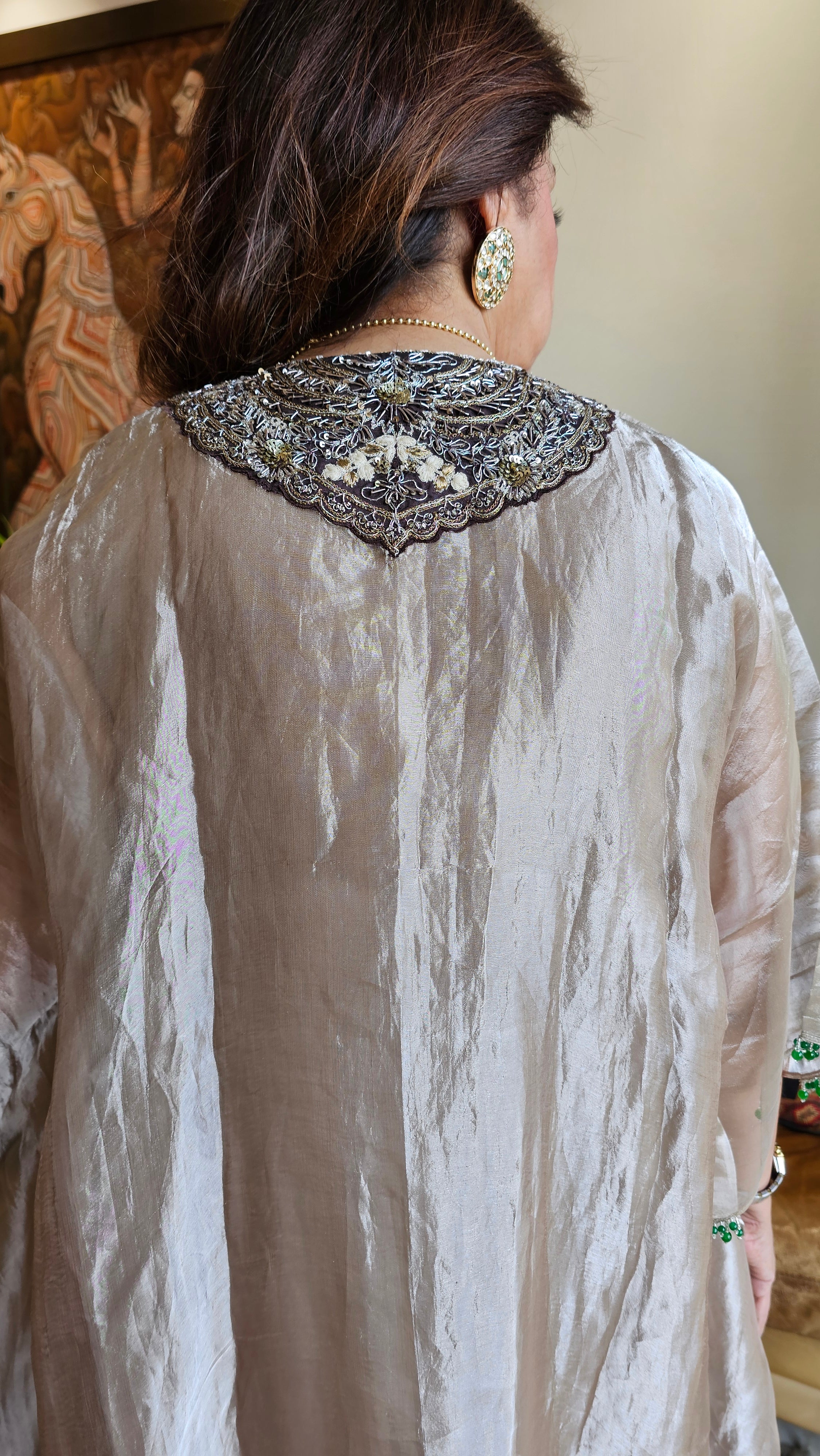 Beautiful Outfit in Silk Tissue With Sui ka Kaam, Dabka, Zardozi Cape With Heavy Hand Embroidered Neck and Plain Silk Pants