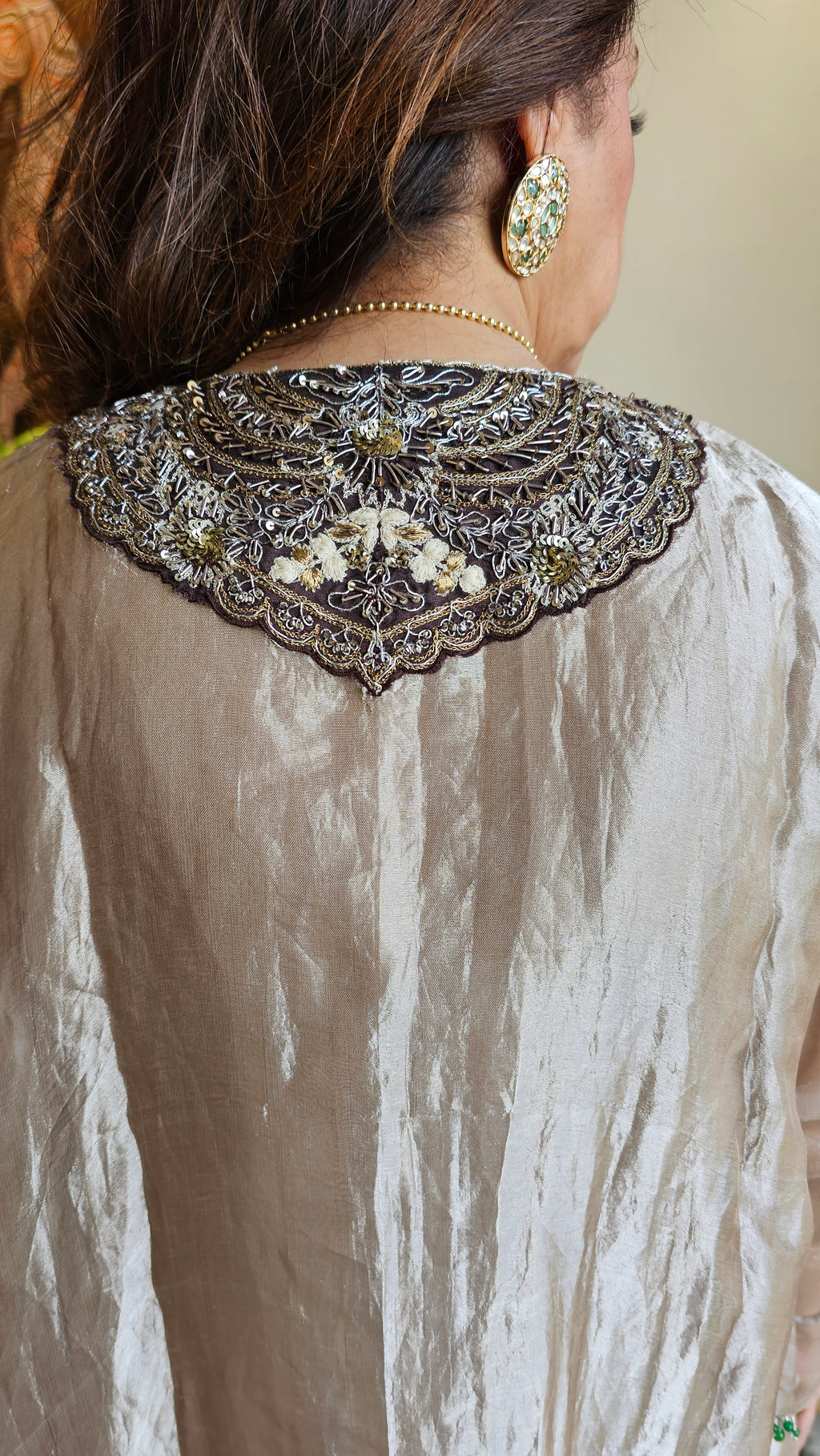 Beautiful Outfit in Silk Tissue With Sui ka Kaam, Dabka, Zardozi Cape With Heavy Hand Embroidered Neck and Plain Silk Pants