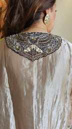 Beautiful Outfit in Silk Tissue With Sui ka Kaam, Dabka, Zardozi Cape With Heavy Hand Embroidered Neck and Plain Silk Pants