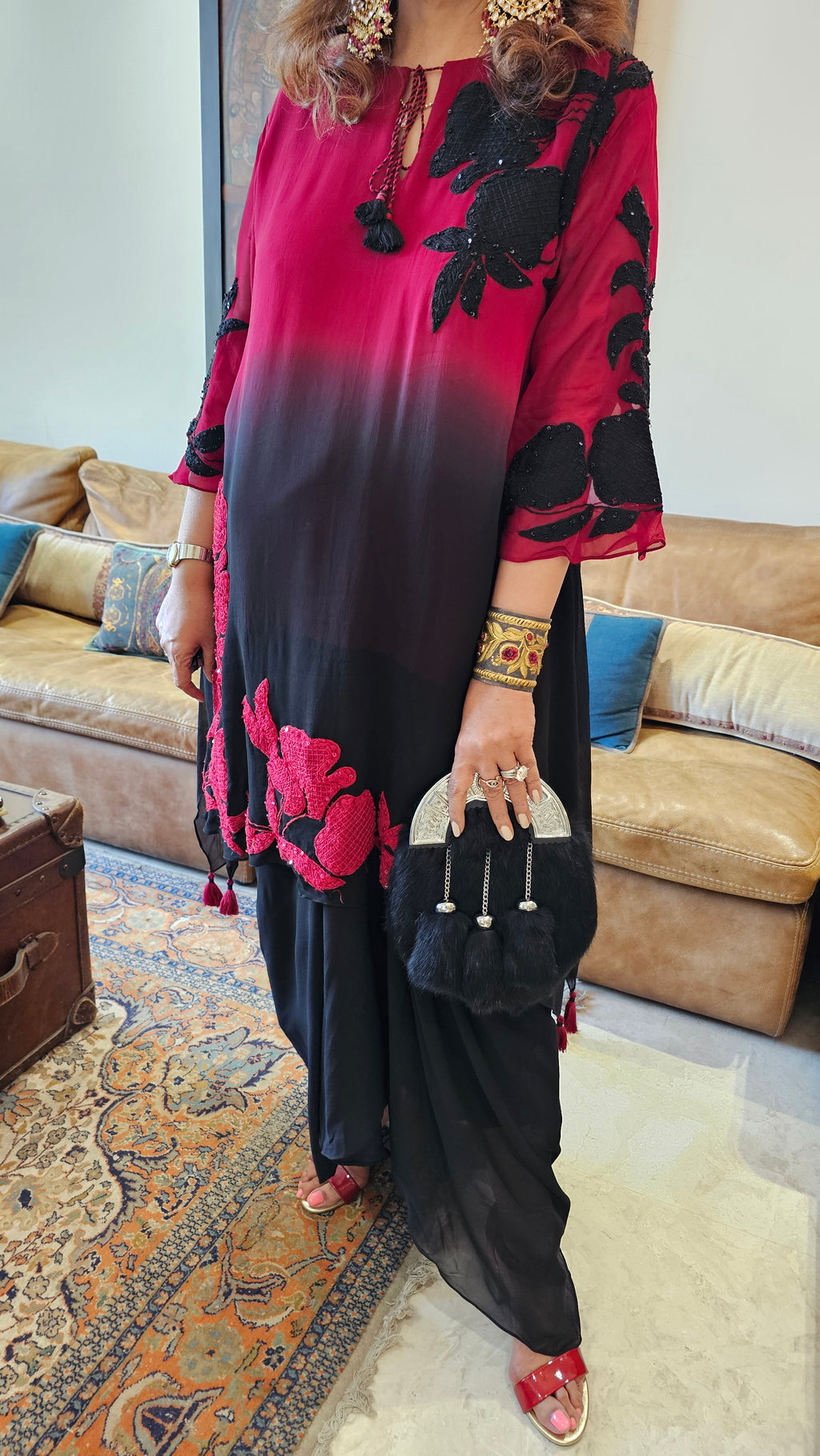 Beautiful Tie & Dye Chinon Crepe With Patch Work and Hand Embroidery