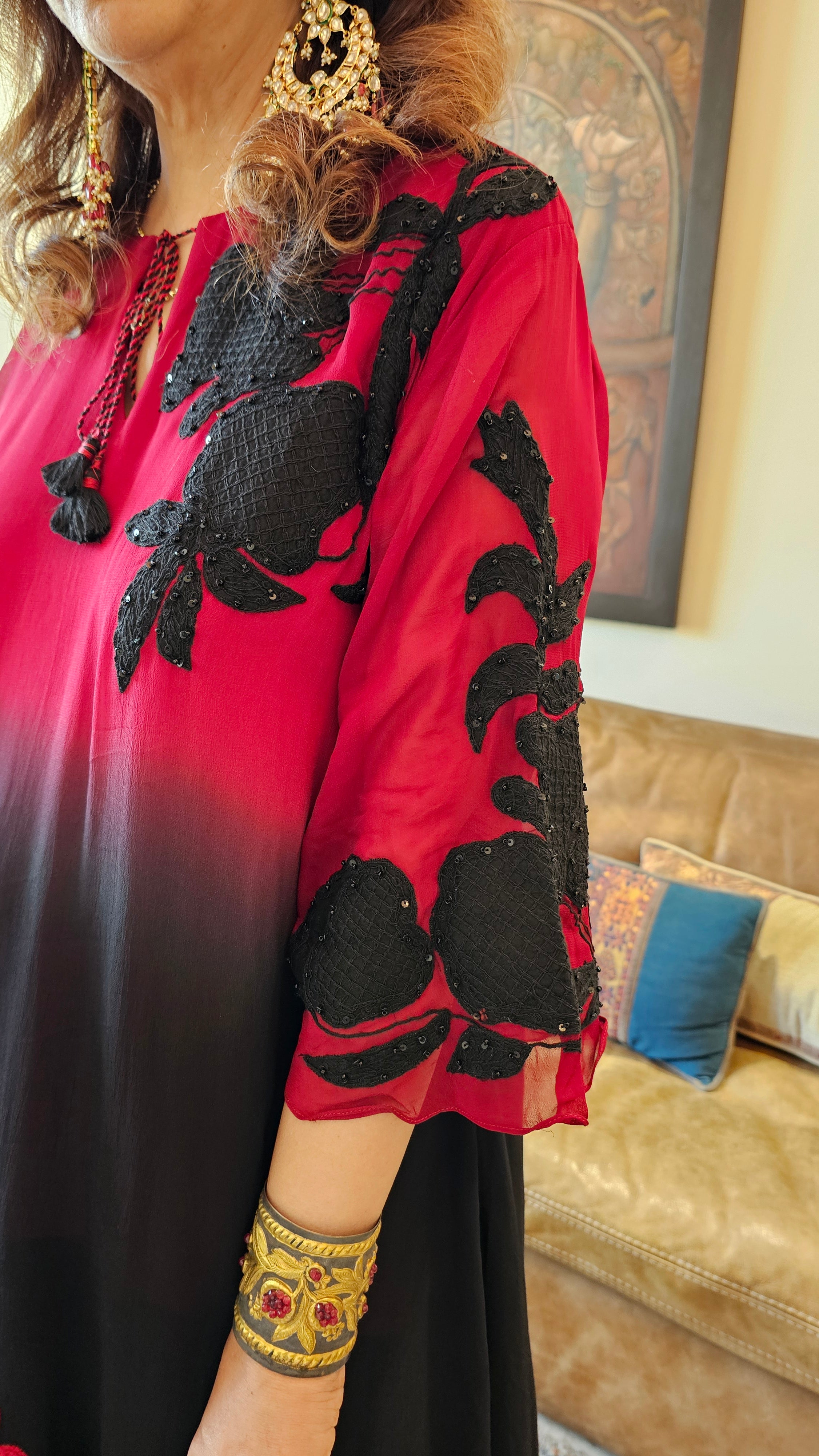 Beautiful Tie & Dye Chinon Crepe With Patch Work and Hand Embroidery