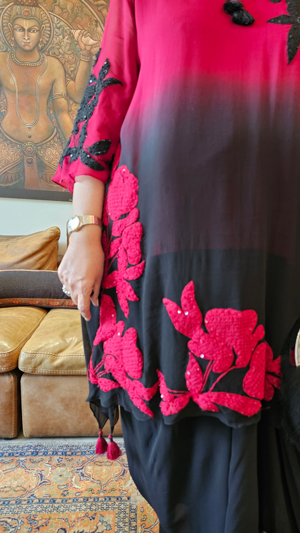 Beautiful Tie & Dye Chinon Crepe With Patch Work and Hand Embroidery