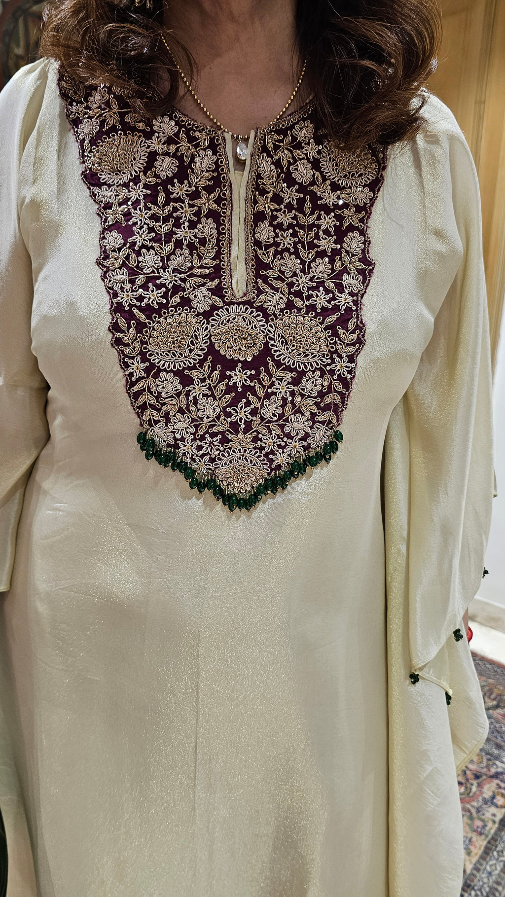Beautiful Tissue Kaftan With Hand Embroidered Neck in Zardozi, Dabka & Moti Work