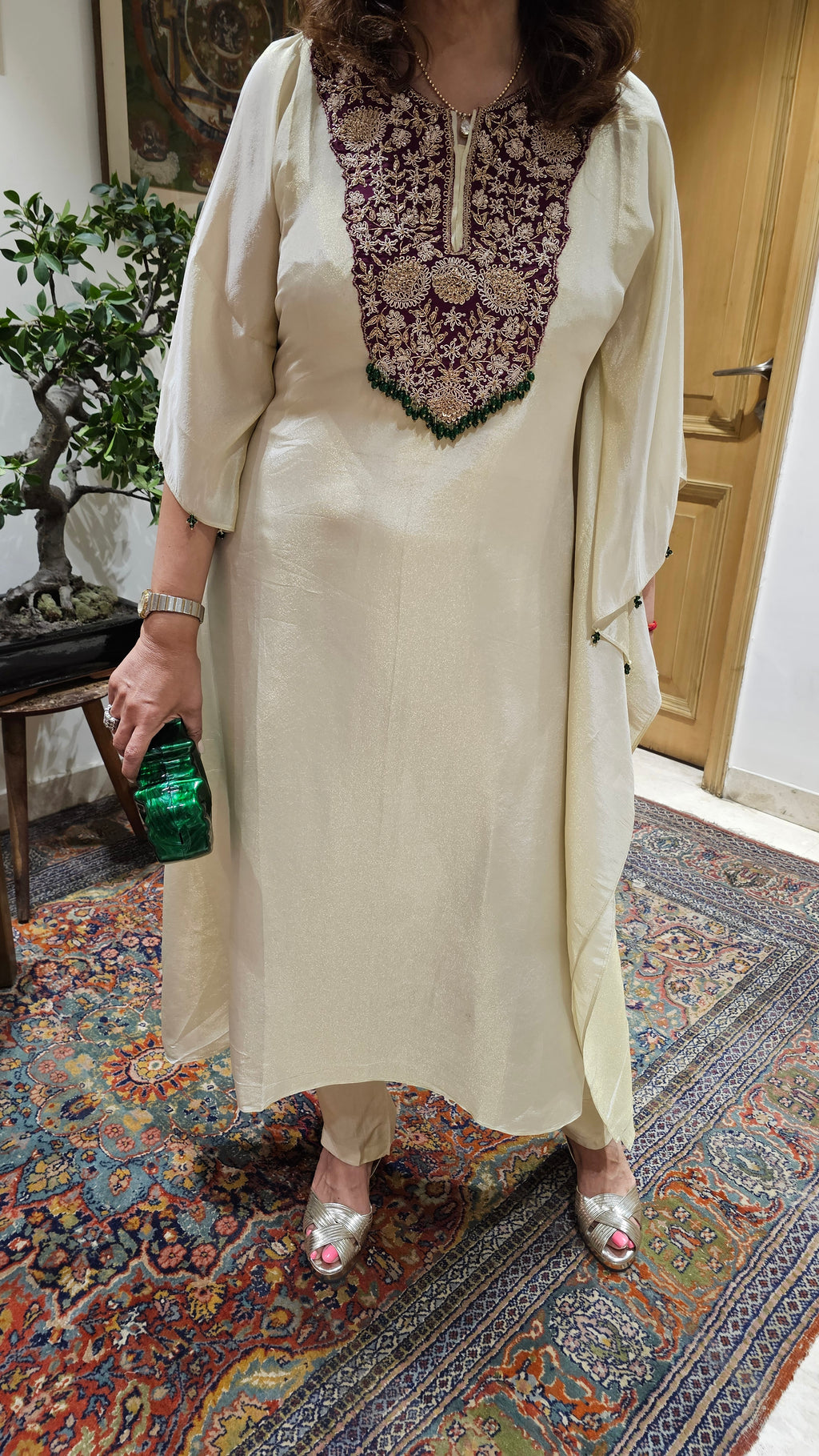 Beautiful Tissue Kaftan With Hand Embroidered Neck in Zardozi, Dabka & Moti Work