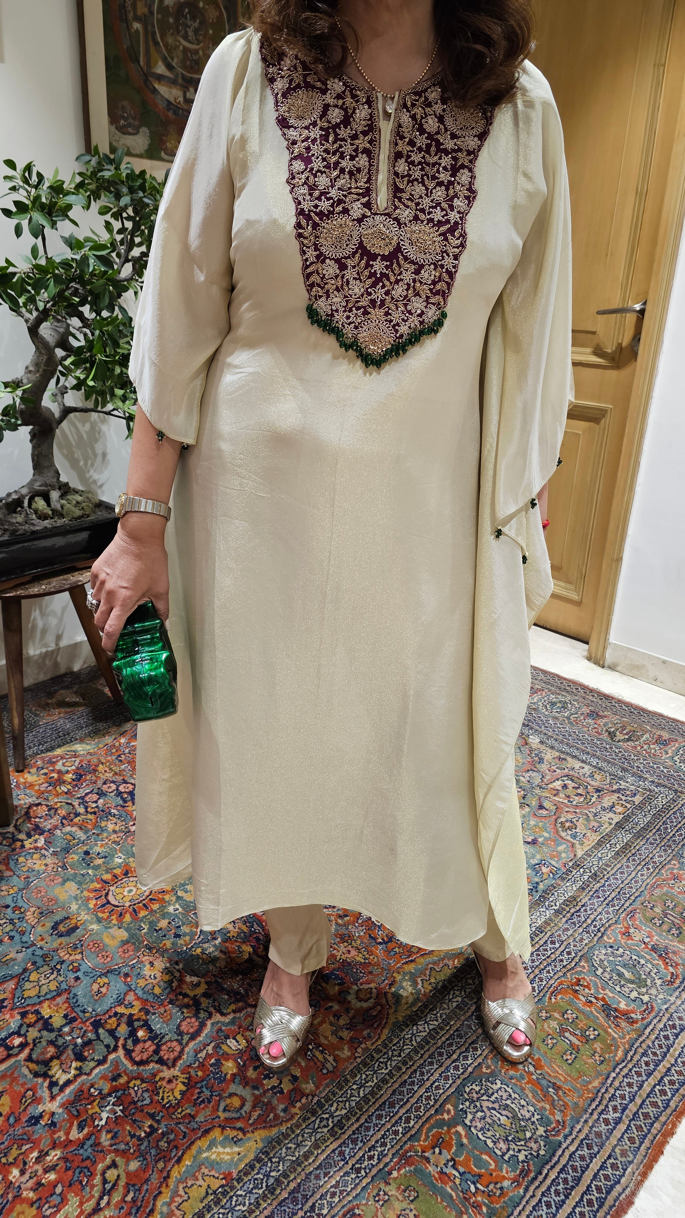 Beautiful Tissue Kaftan With Hand Embroidered Neck in Zardozi, Dabka & Moti Work