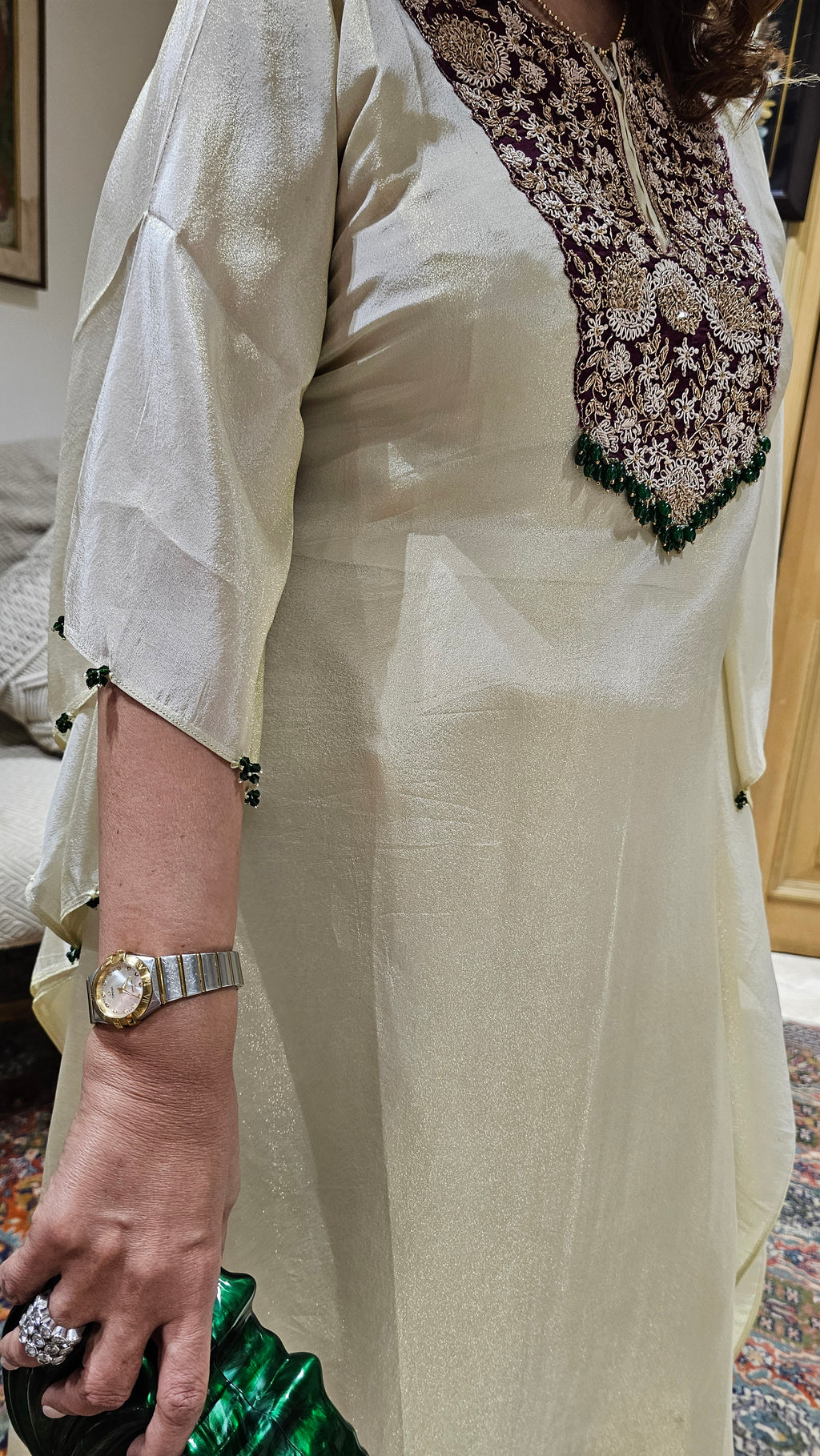 Beautiful Tissue Kaftan With Hand Embroidered Neck in Zardozi, Dabka & Moti Work