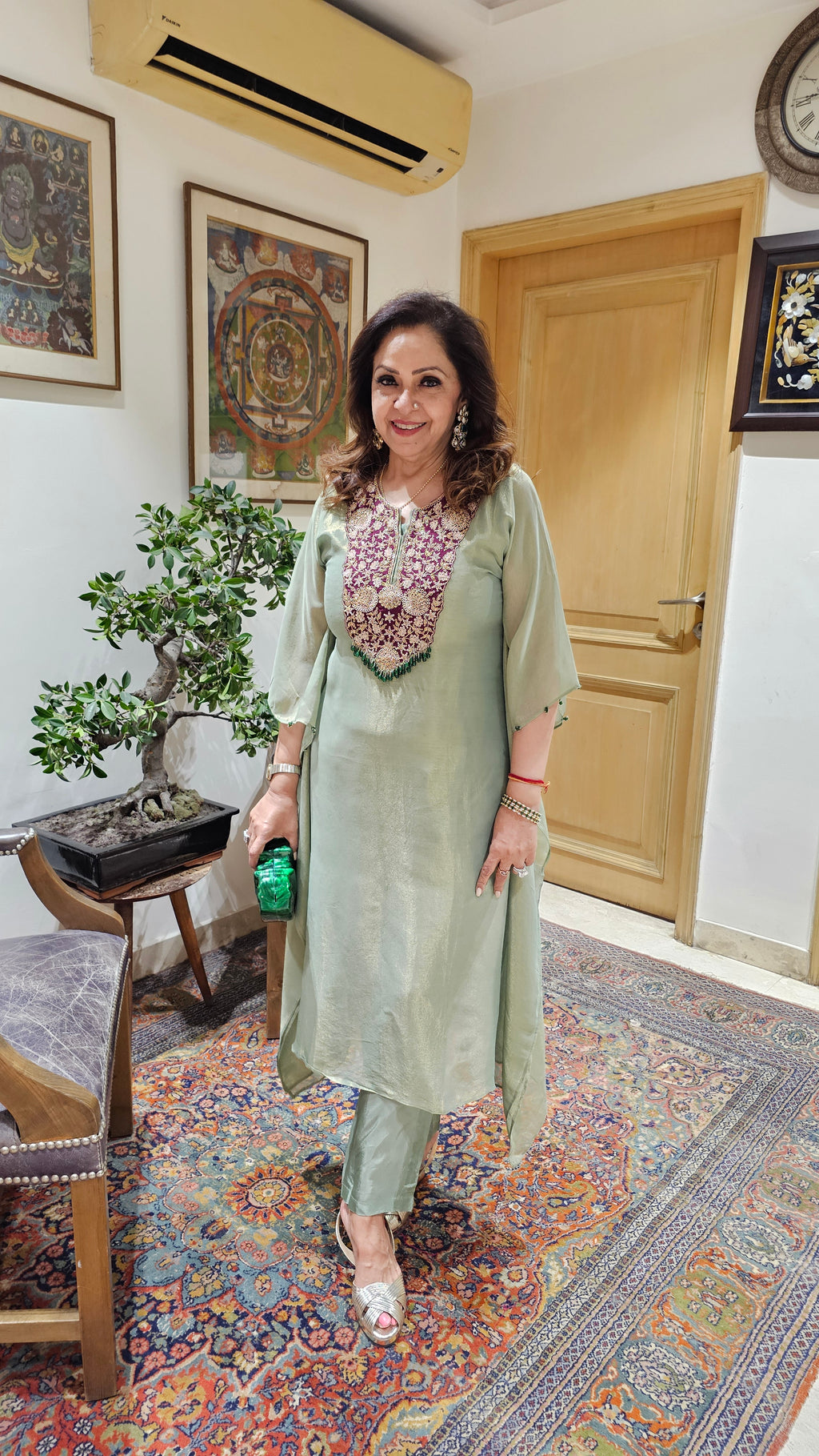 Beautiful Tissue Kaftan With Hand Embroidered Neck in Zardozi, Dabka & Moti Work