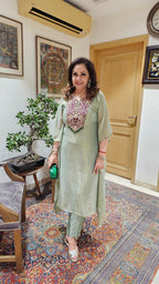 Beautiful Tissue Kaftan With Hand Embroidered Neck in Zardozi, Dabka & Moti Work