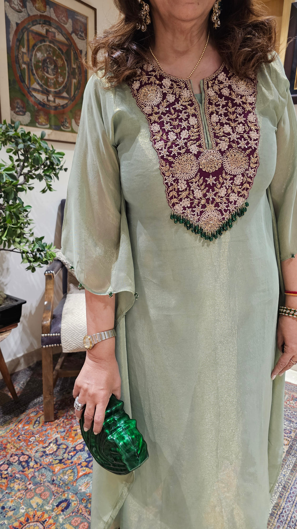 Beautiful Tissue Kaftan With Hand Embroidered Neck in Zardozi, Dabka & Moti Work