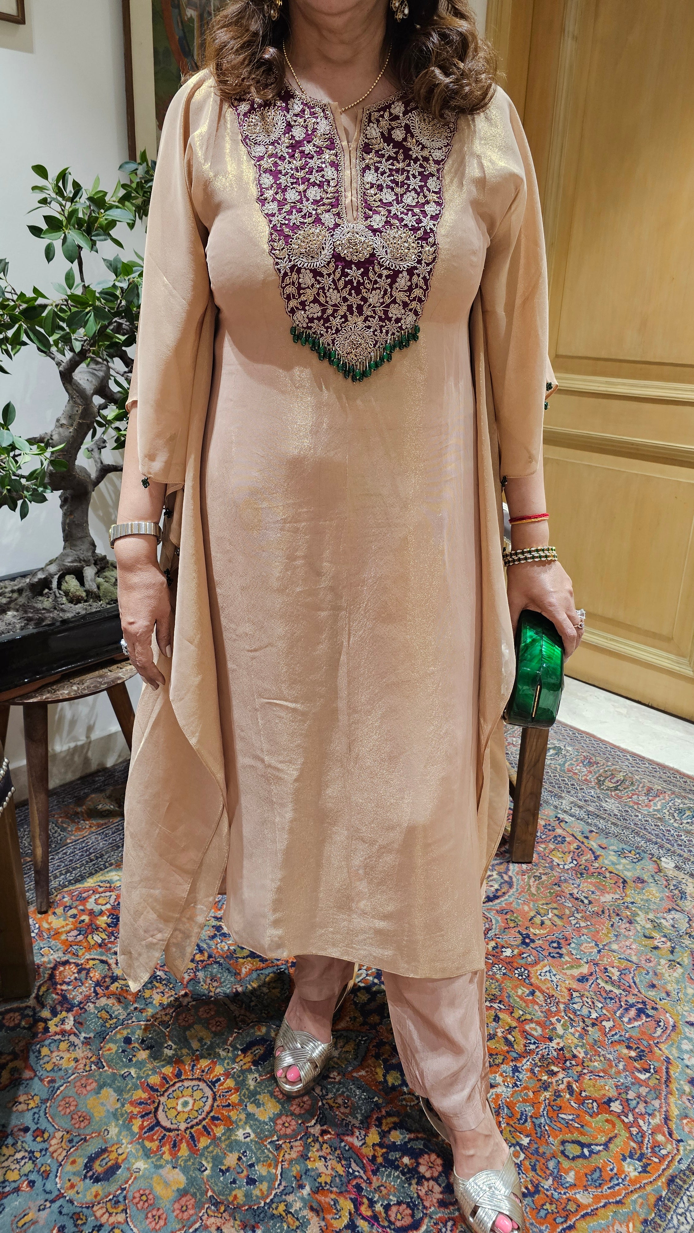 Beautiful Tissue Kaftan With Hand Embroidered Neck in Zardozi, Dabka & Moti Work