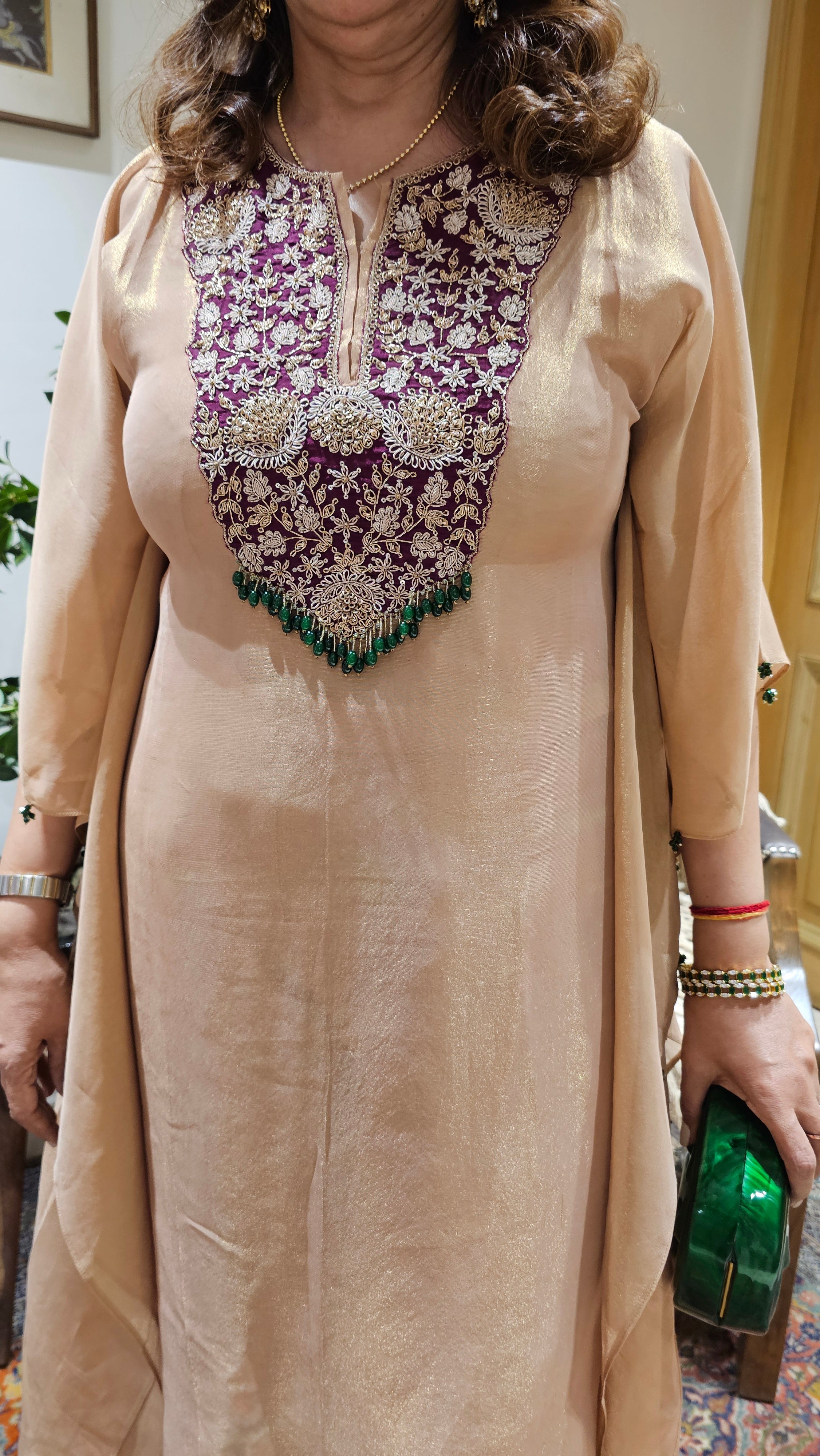 Beautiful Tissue Kaftan With Hand Embroidered Neck in Zardozi, Dabka & Moti Work