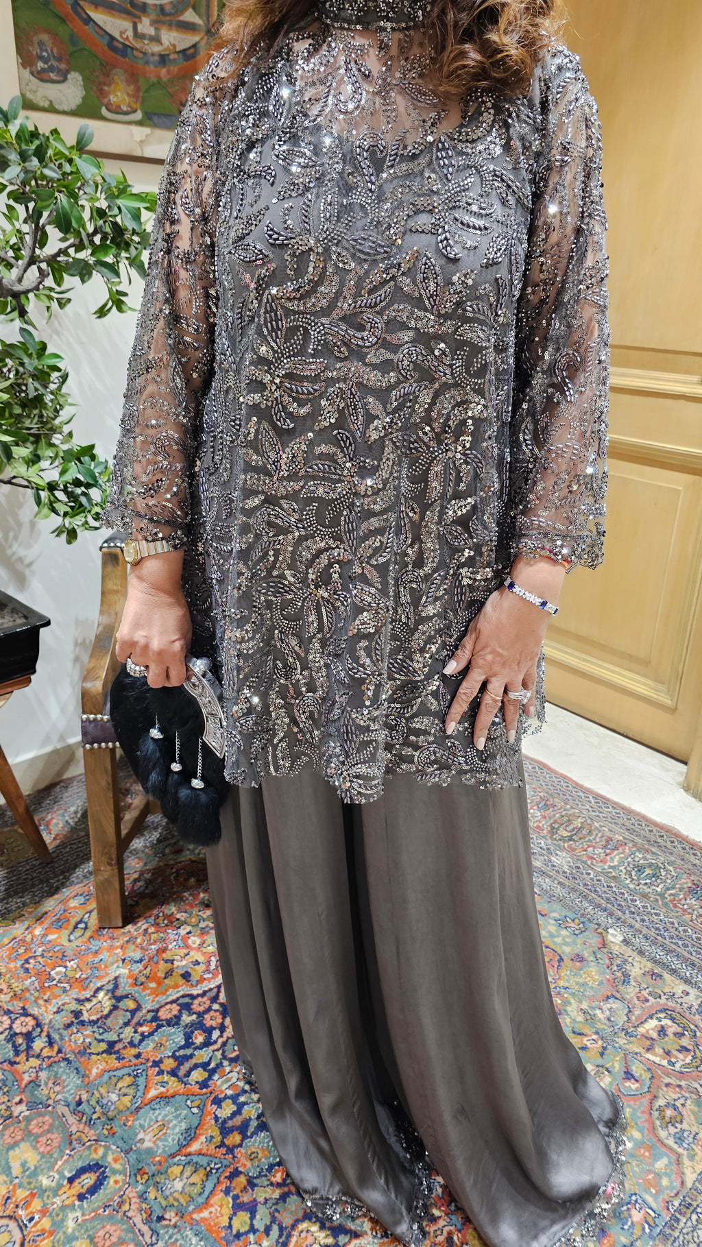 Beautiful Bead Work Top Teamed With Satin Flared Pants & Satin Inner