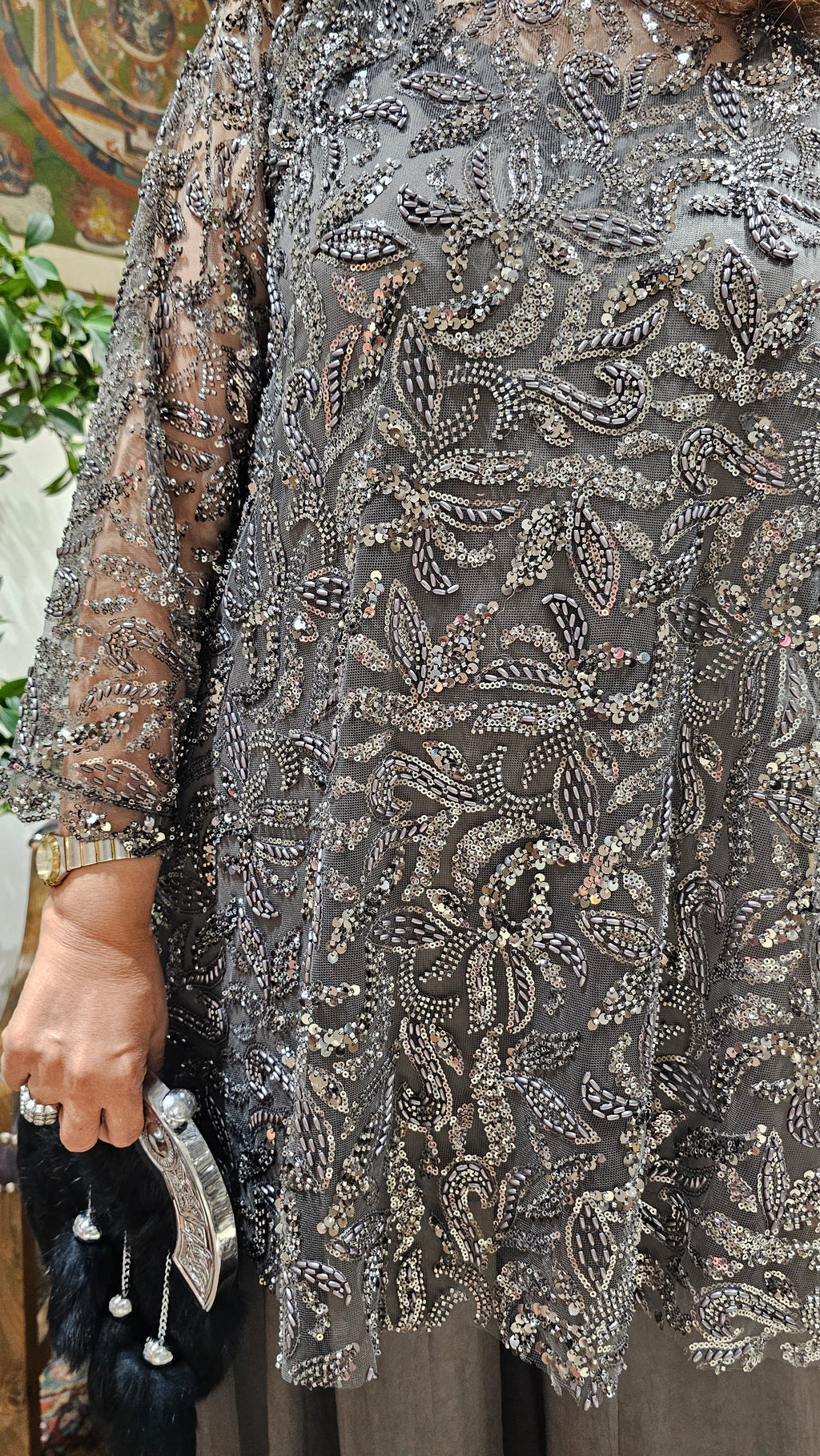 Beautiful Bead Work Top Teamed With Satin Flared Pants & Satin Inner