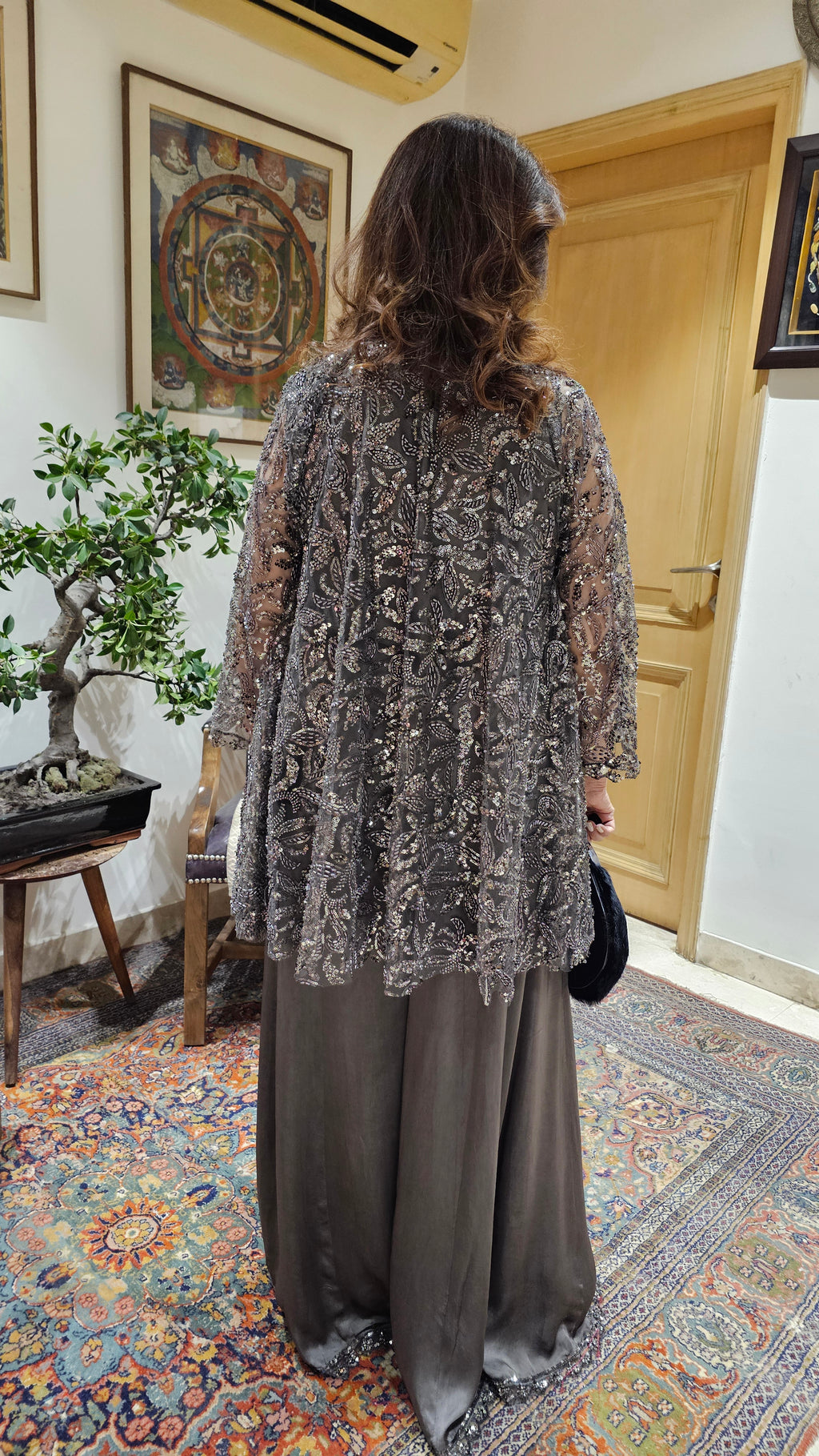 Beautiful Bead Work Top Teamed With Satin Flared Pants & Satin Inner