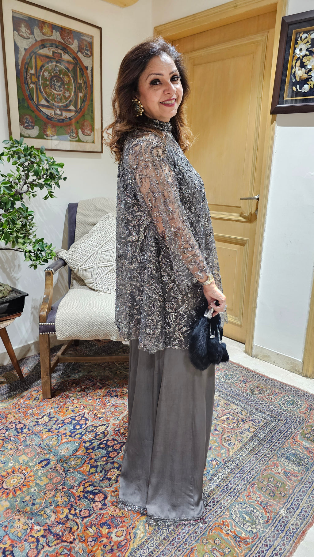 Beautiful Bead Work Top Teamed With Satin Flared Pants & Satin Inner