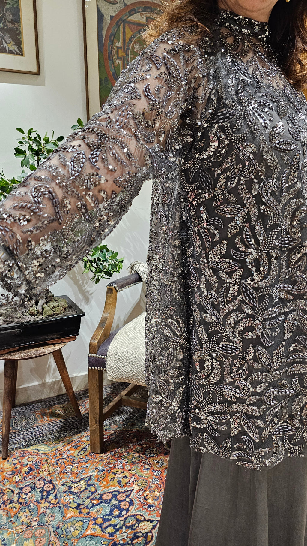 Beautiful Bead Work Top Teamed With Satin Flared Pants & Satin Inner