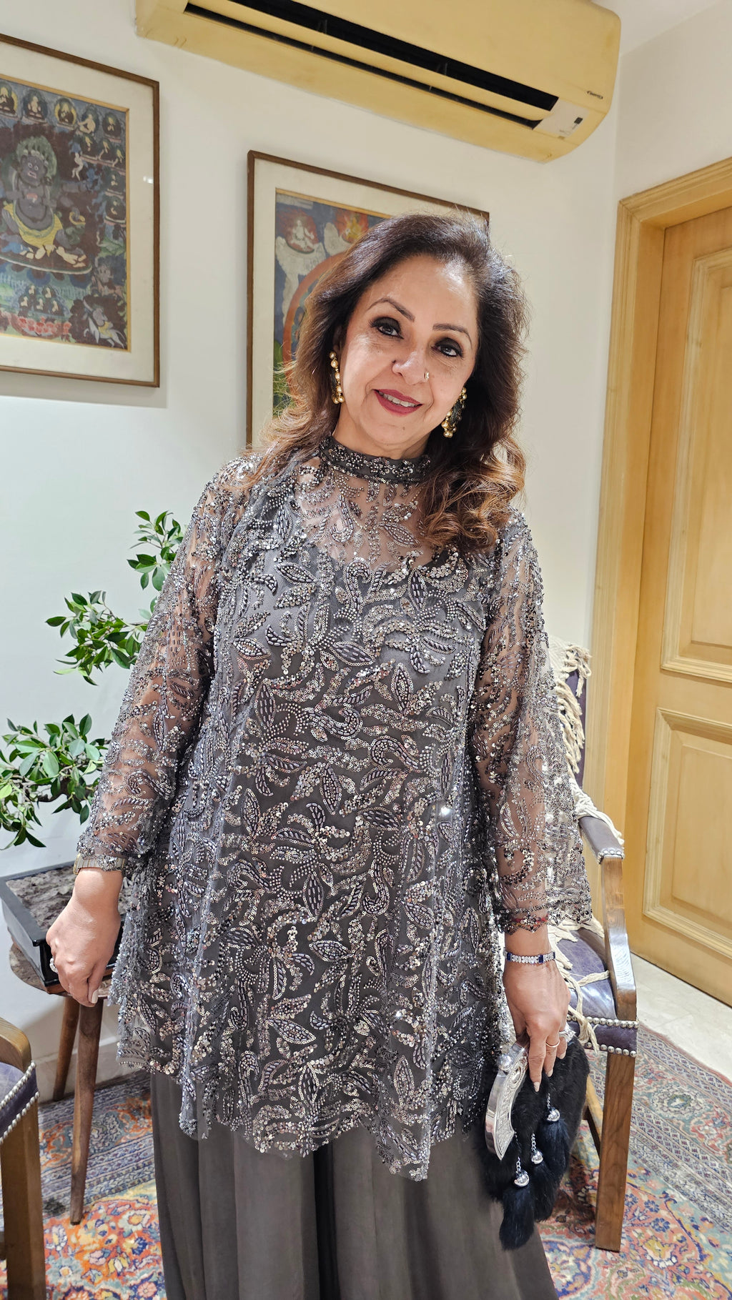 Beautiful Bead Work Top Teamed With Satin Flared Pants & Satin Inner