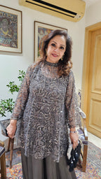 Beautiful Bead Work Top Teamed With Satin Flared Pants & Satin Inner