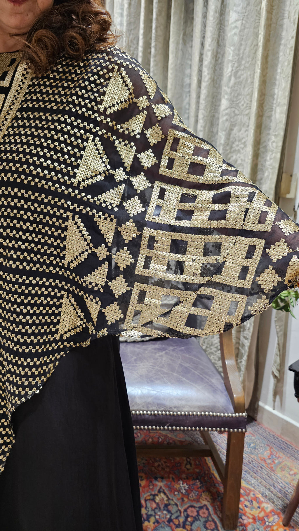 Stunning Satin Dress With Attached Embroidered Cape in Gold Embroidery