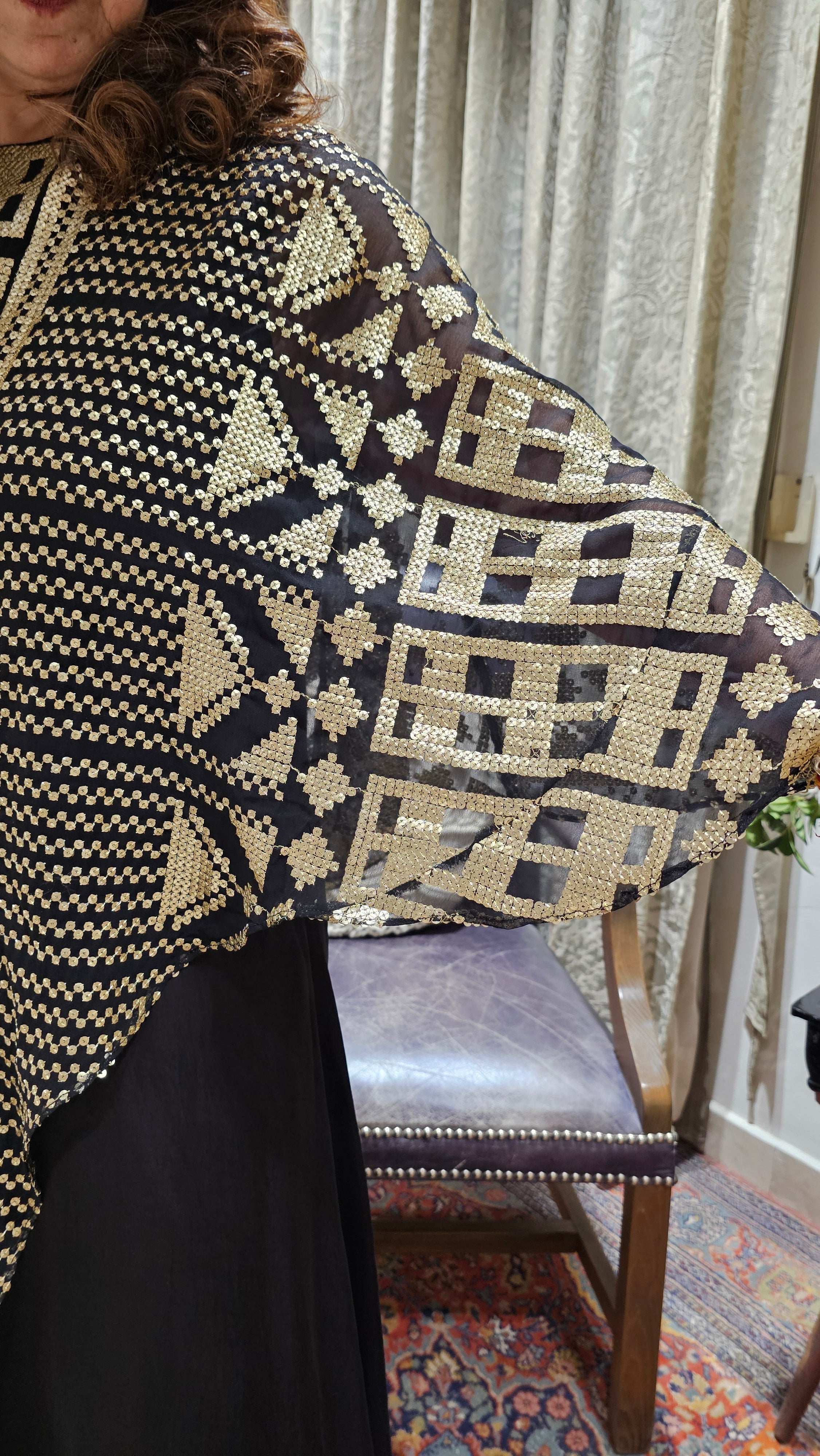 Stunning Satin Dress With Attached Embroidered Cape in Gold Embroidery