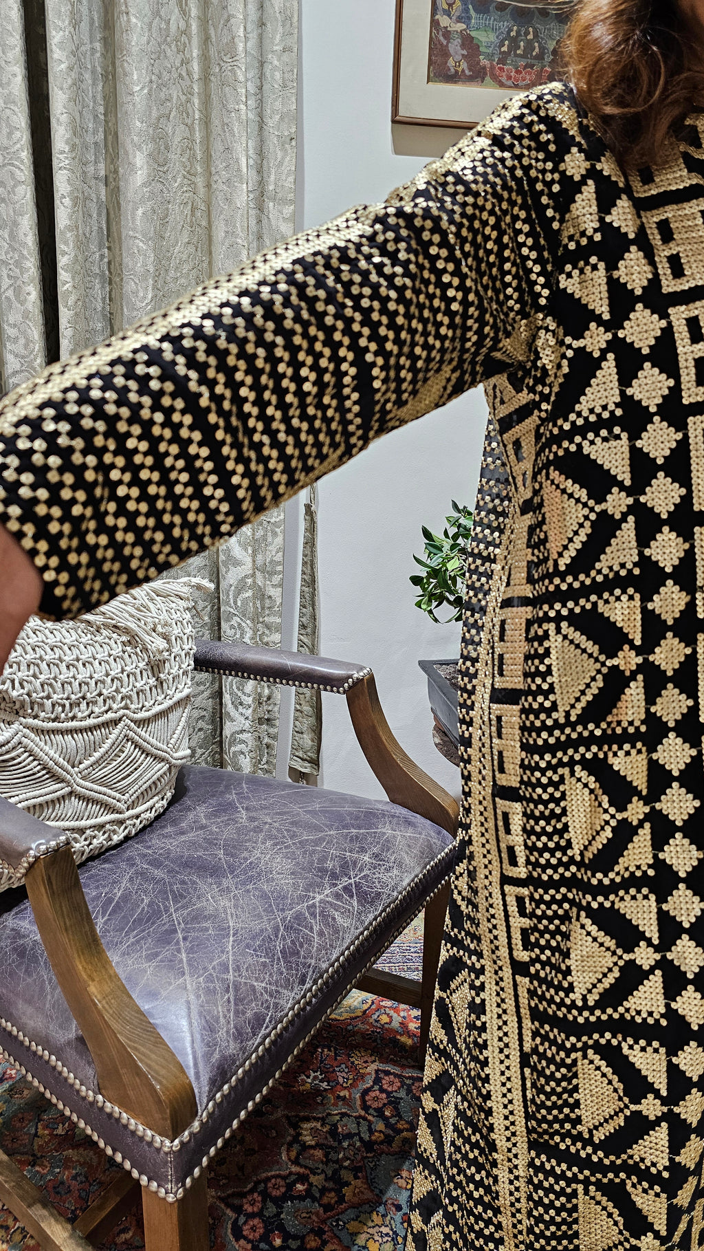 Stunning Satin Dress With Attached Embroidered Cape in Gold Embroidery