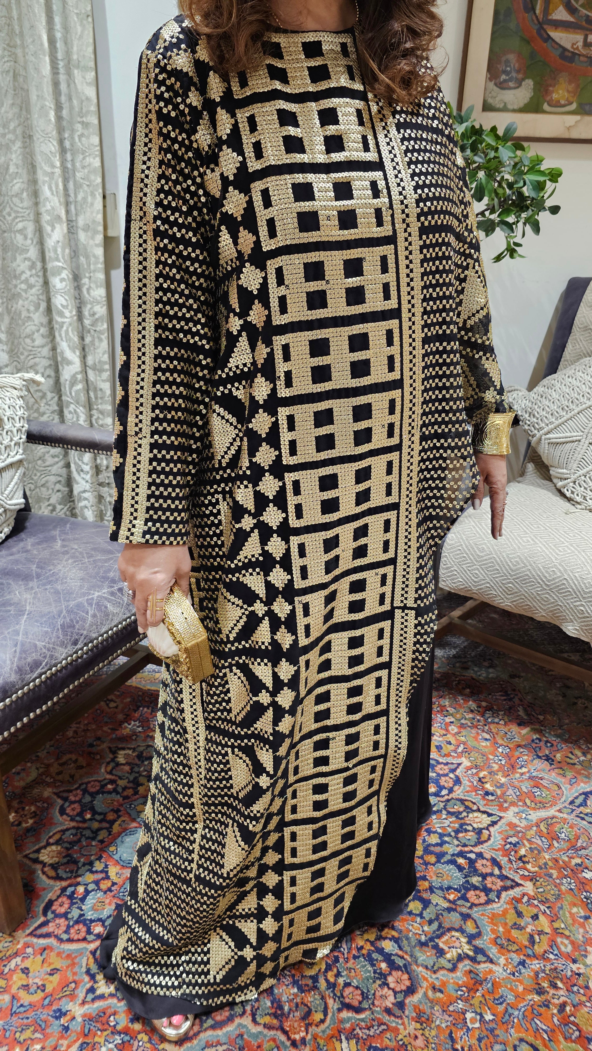 Stunning Satin Dress With Attached Embroidered Cape in Gold Embroidery