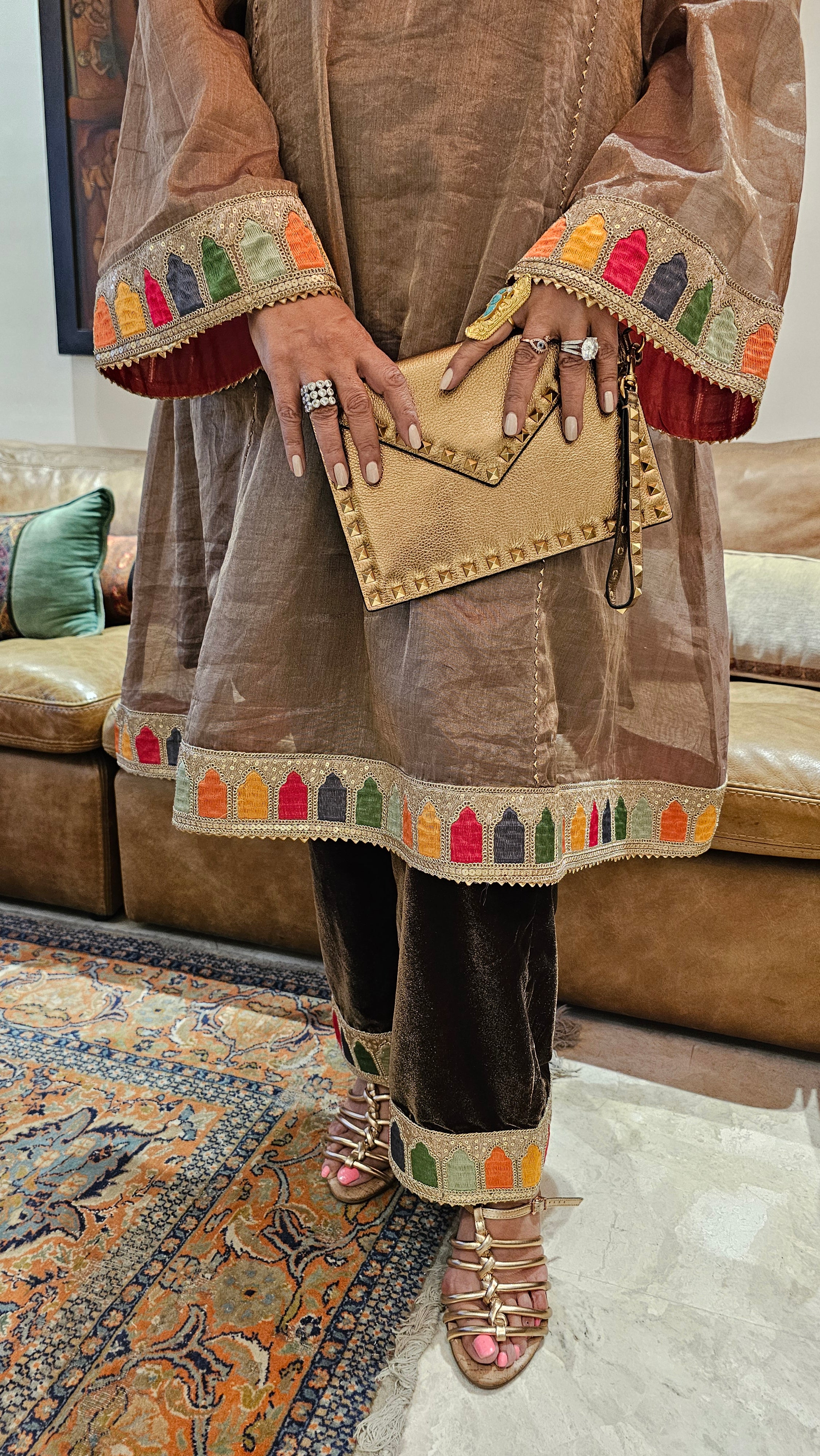 A 3 Piece Outfit in Velvet and Tissue Dressed With Jewelled Pieces and Embroidered Borders