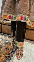 A 3 Piece Outfit in Velvet and Tissue Dressed With Jewelled Pieces and Embroidered Borders