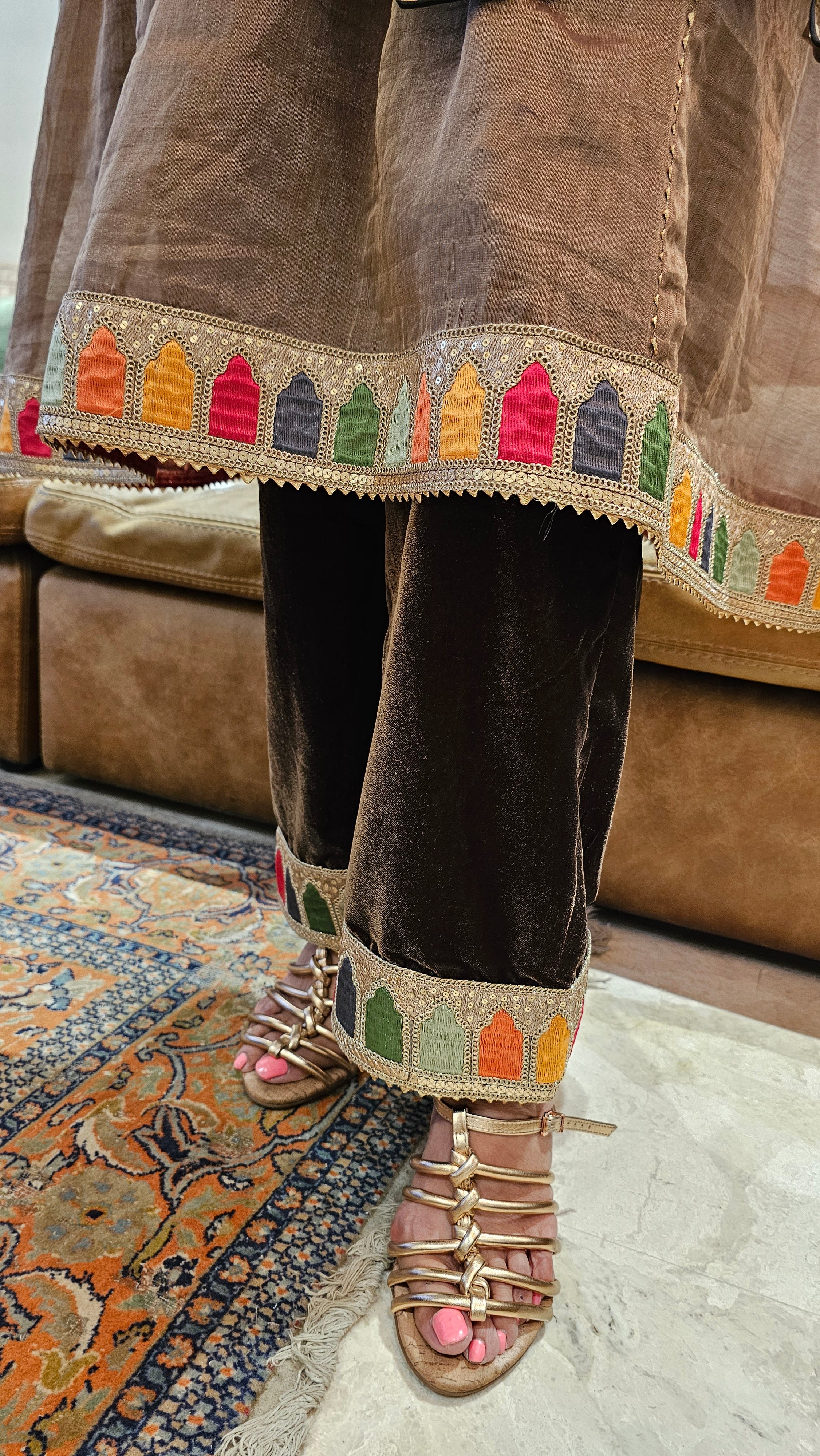 A 3 Piece Outfit in Velvet and Tissue Dressed With Jewelled Pieces and Embroidered Borders