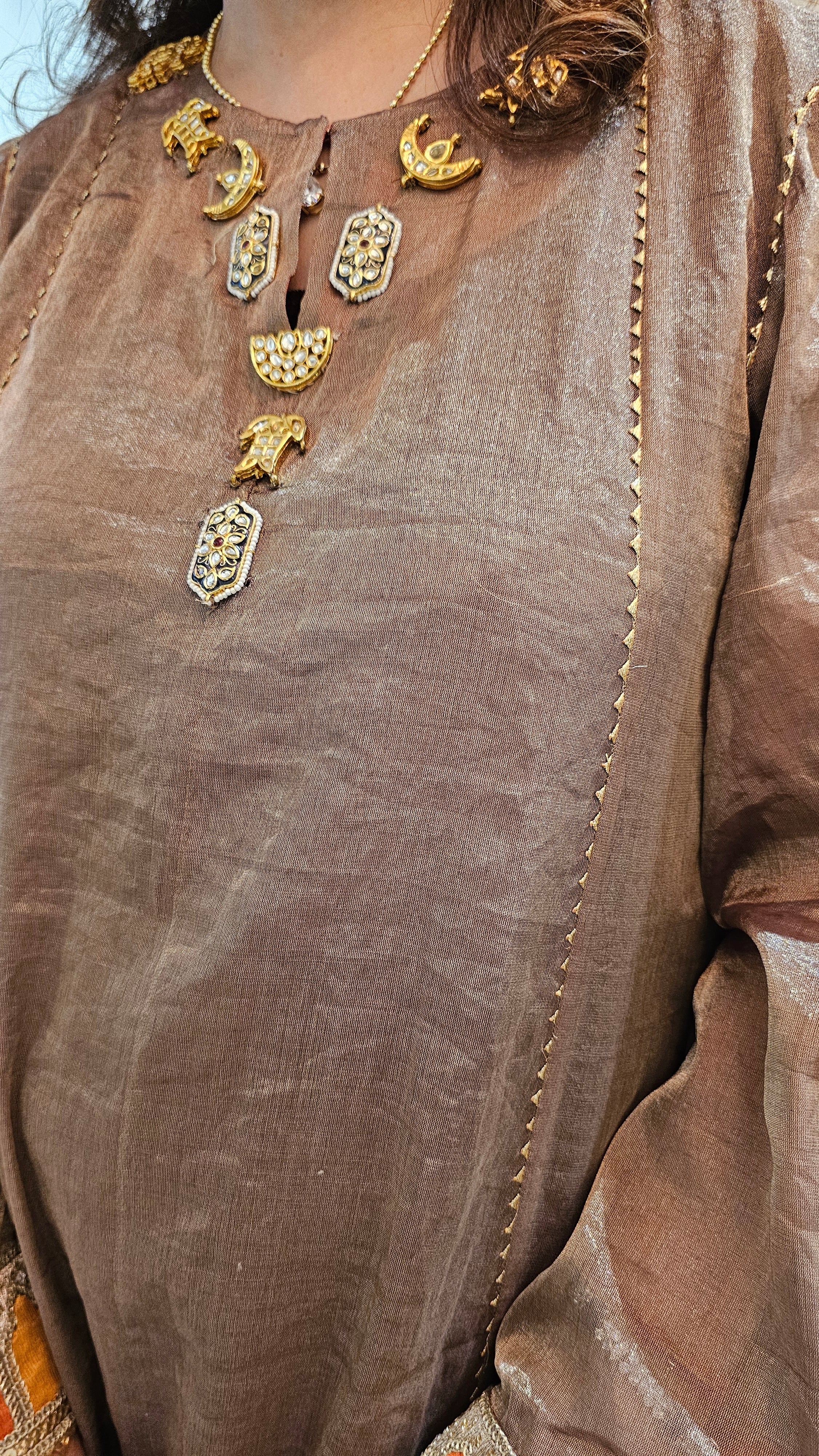 A 3 Piece Outfit in Velvet and Tissue Dressed With Jewelled Pieces and Embroidered Borders