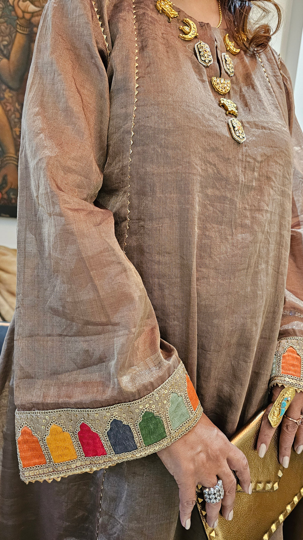 A 3 Piece Outfit in Velvet and Tissue Dressed With Jewelled Pieces and Embroidered Borders