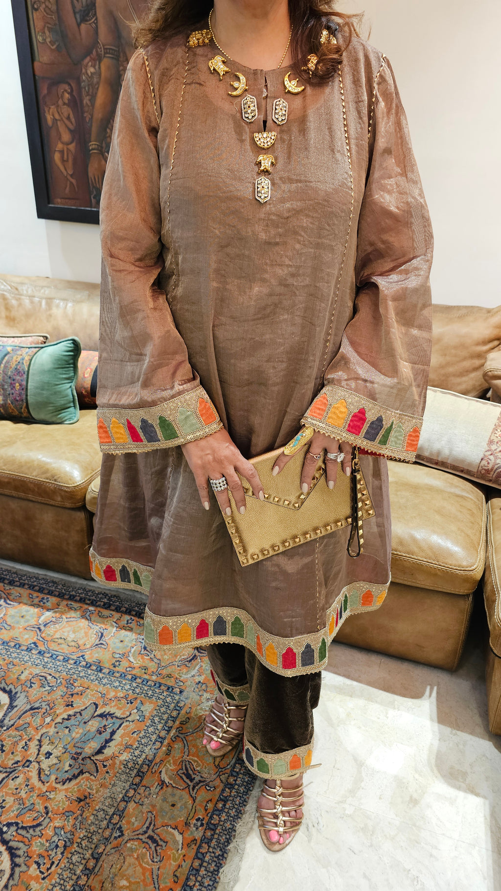 A 3 Piece Outfit in Velvet and Tissue Dressed With Jewelled Pieces and Embroidered Borders