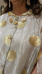 Exquisite Banarasi Organza 3-Piece Outfit featuring Satin Slip, Banarasi Pants, Polki Dot Organza Top & Jewelled Neck Embellishment