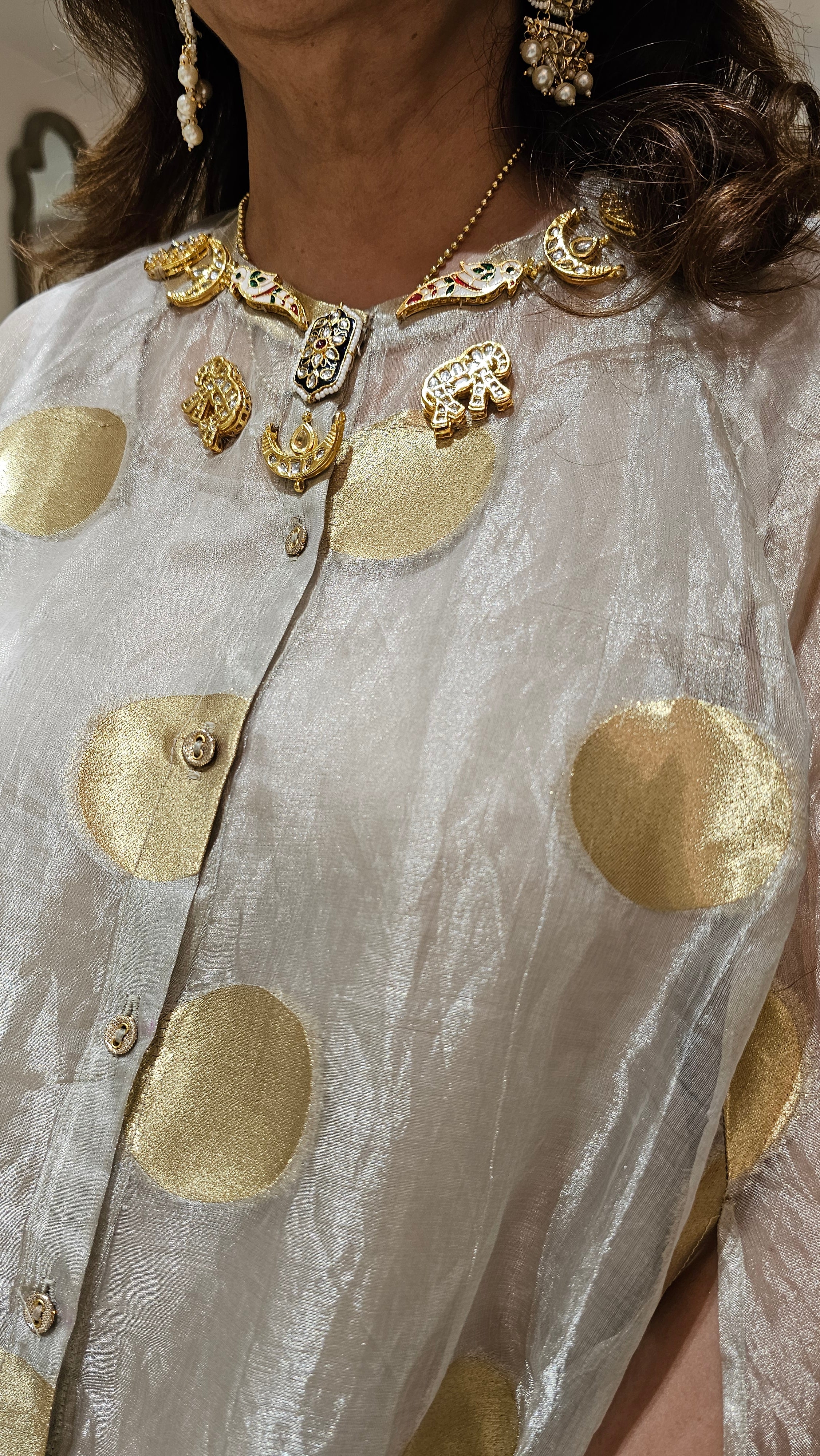 Exquisite Banarasi Organza 3-Piece Outfit featuring Satin Slip, Banarasi Pants, Polki Dot Organza Top & Jewelled Neck Embellishment